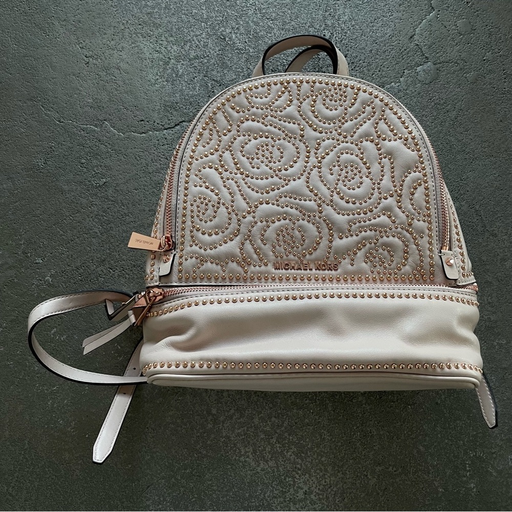 Michael Kors Beige Pink with Rose Gold Metal Rosette Studded Leather Backpack